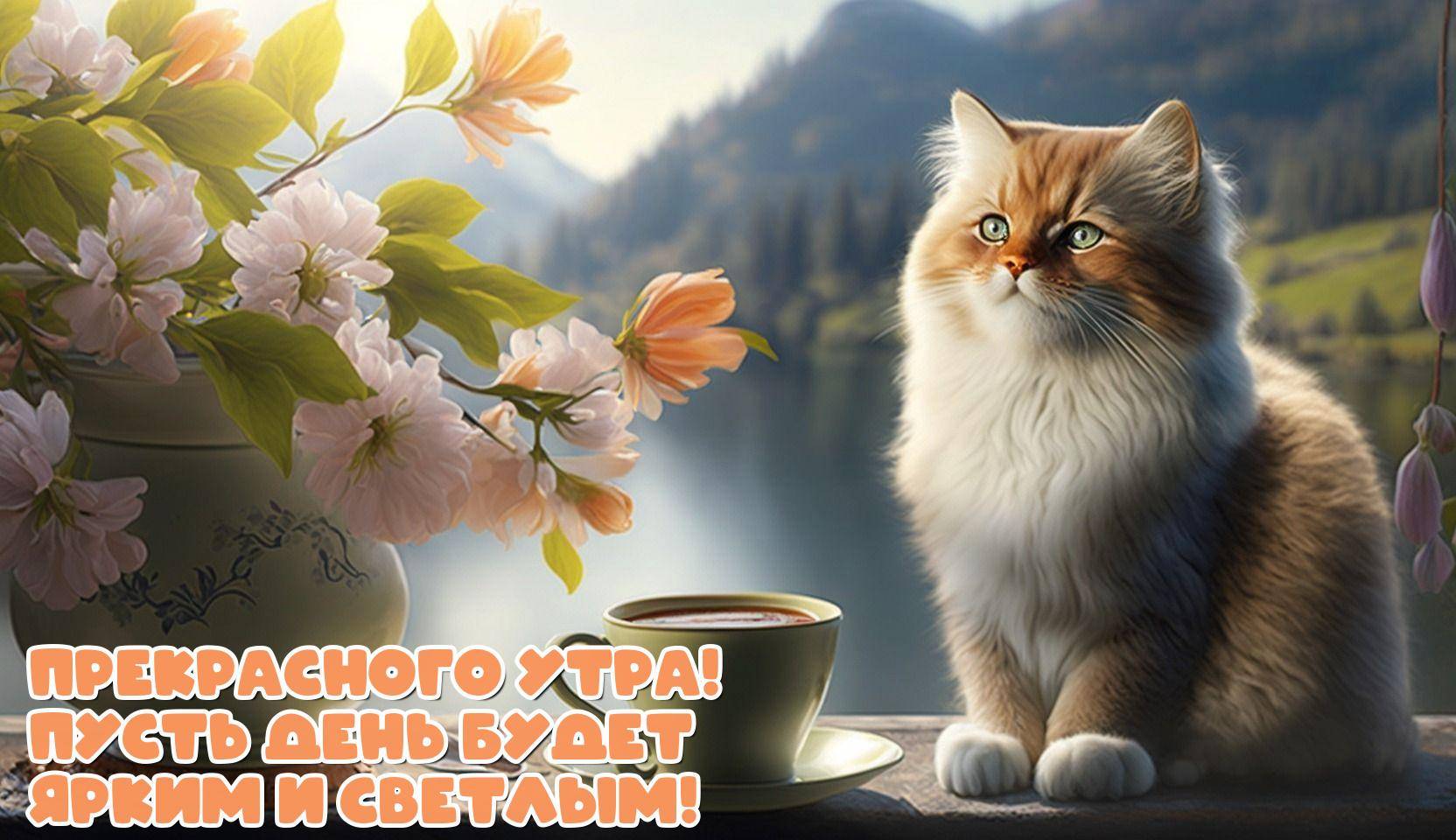 Кот рядом с чашкой кофе и цветами у окна