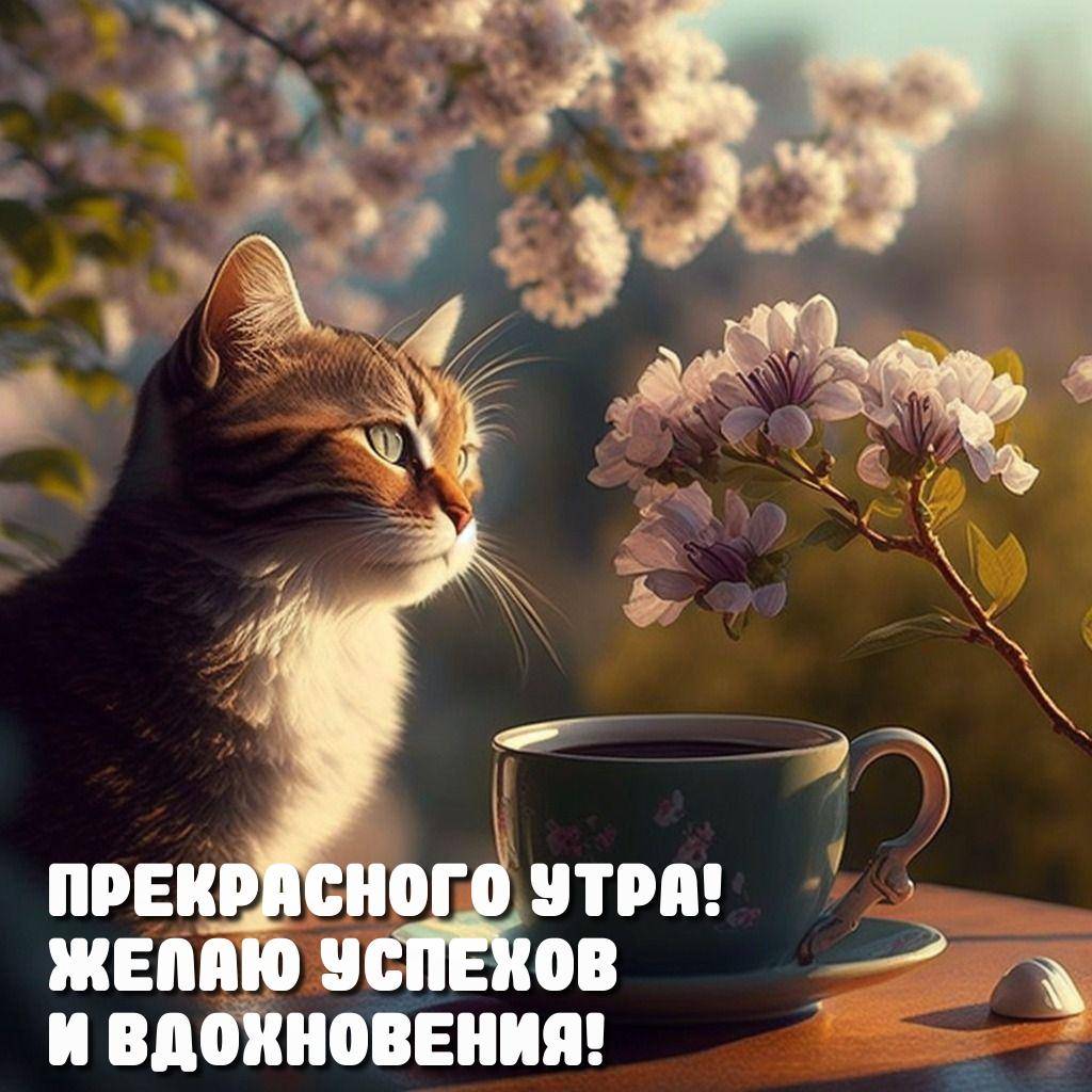 Кот рядом с чашкой кофе на столе, цветы на заднем плане
