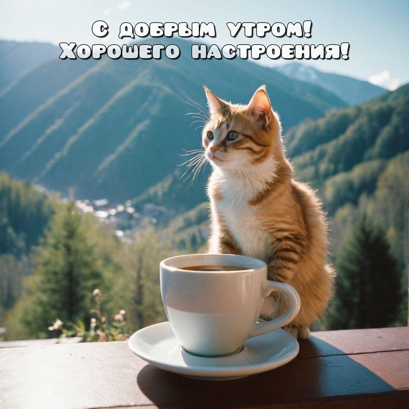 Кот смотрит на горы рядом с чашкой кофе