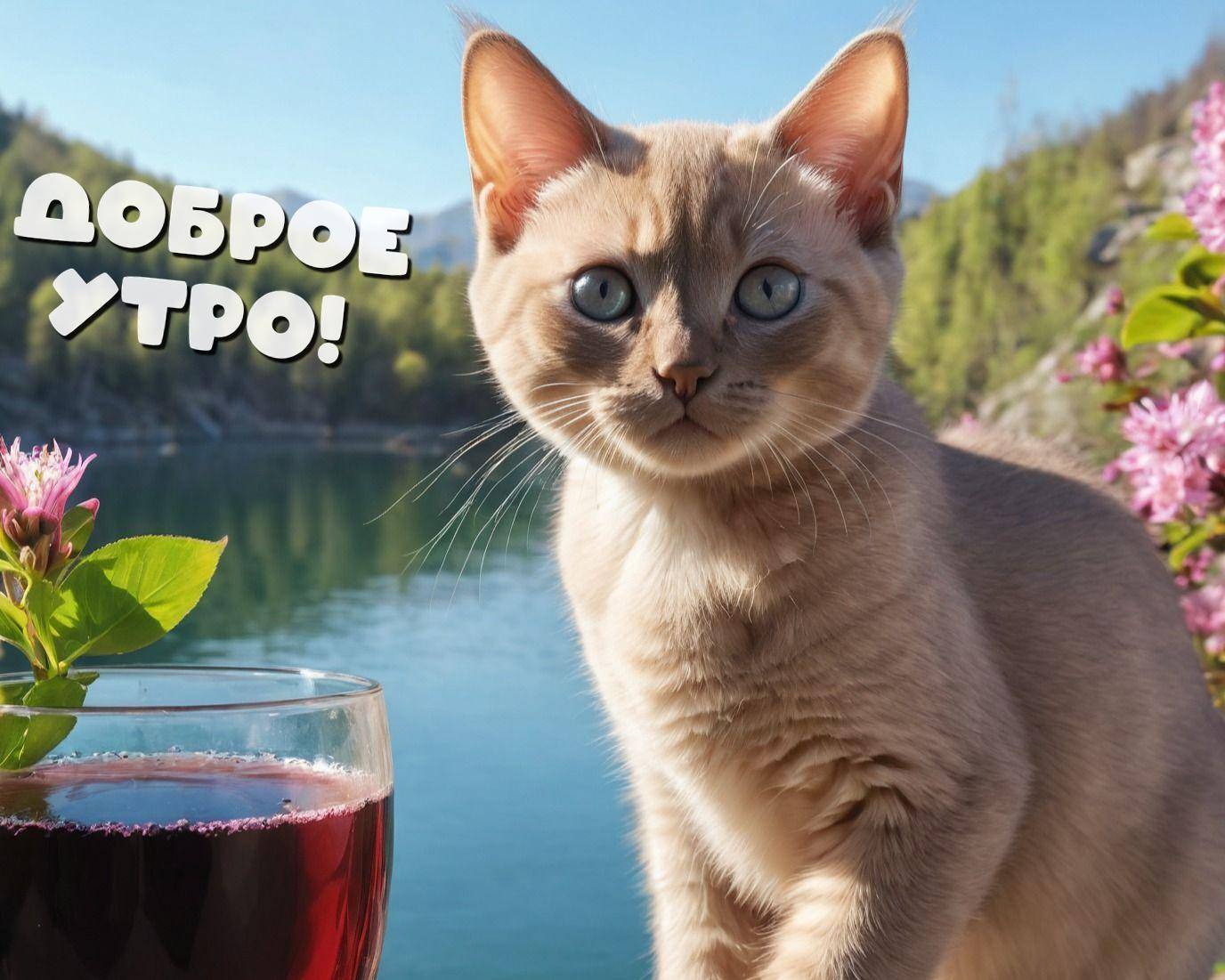 Кот смотрит на озеро и горы, рядом стакан вина и цветы