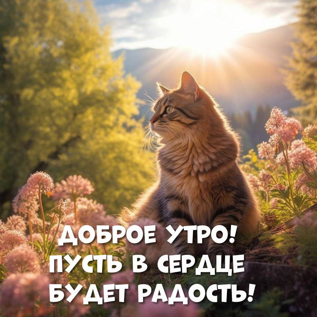 Кот смотрит на рассвет в горах