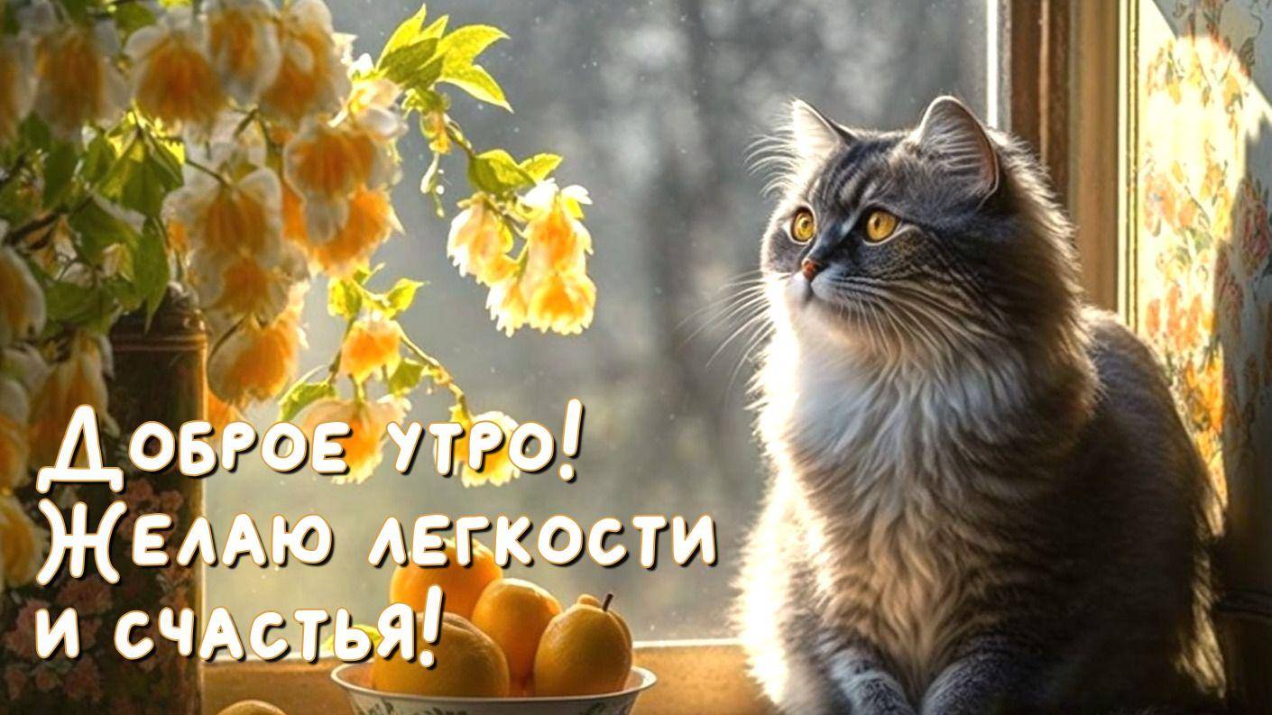 Кот смотрит в окно, рядом цветы и фрукты