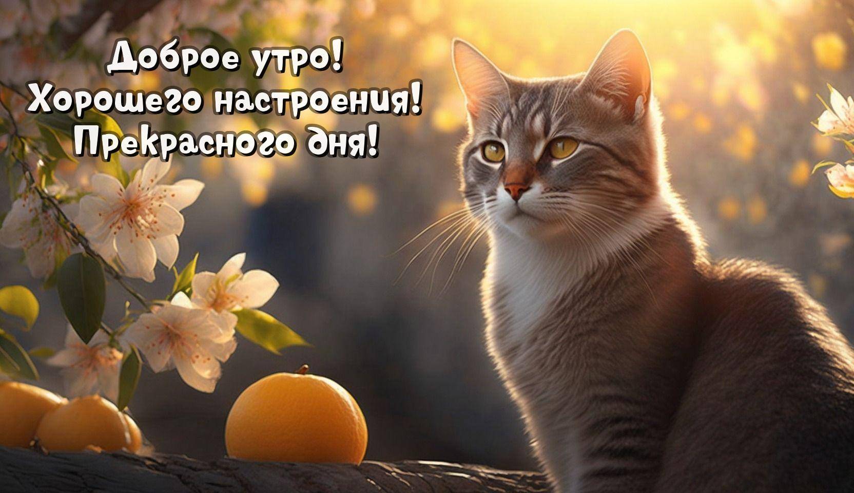 Кот смотрит вдаль, цветущие ветки, утренний свет