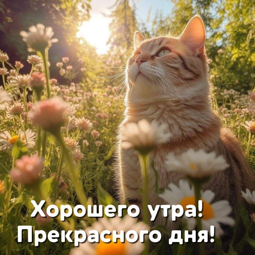 Кот среди ромашек смотрит вверх на фоне деревьев