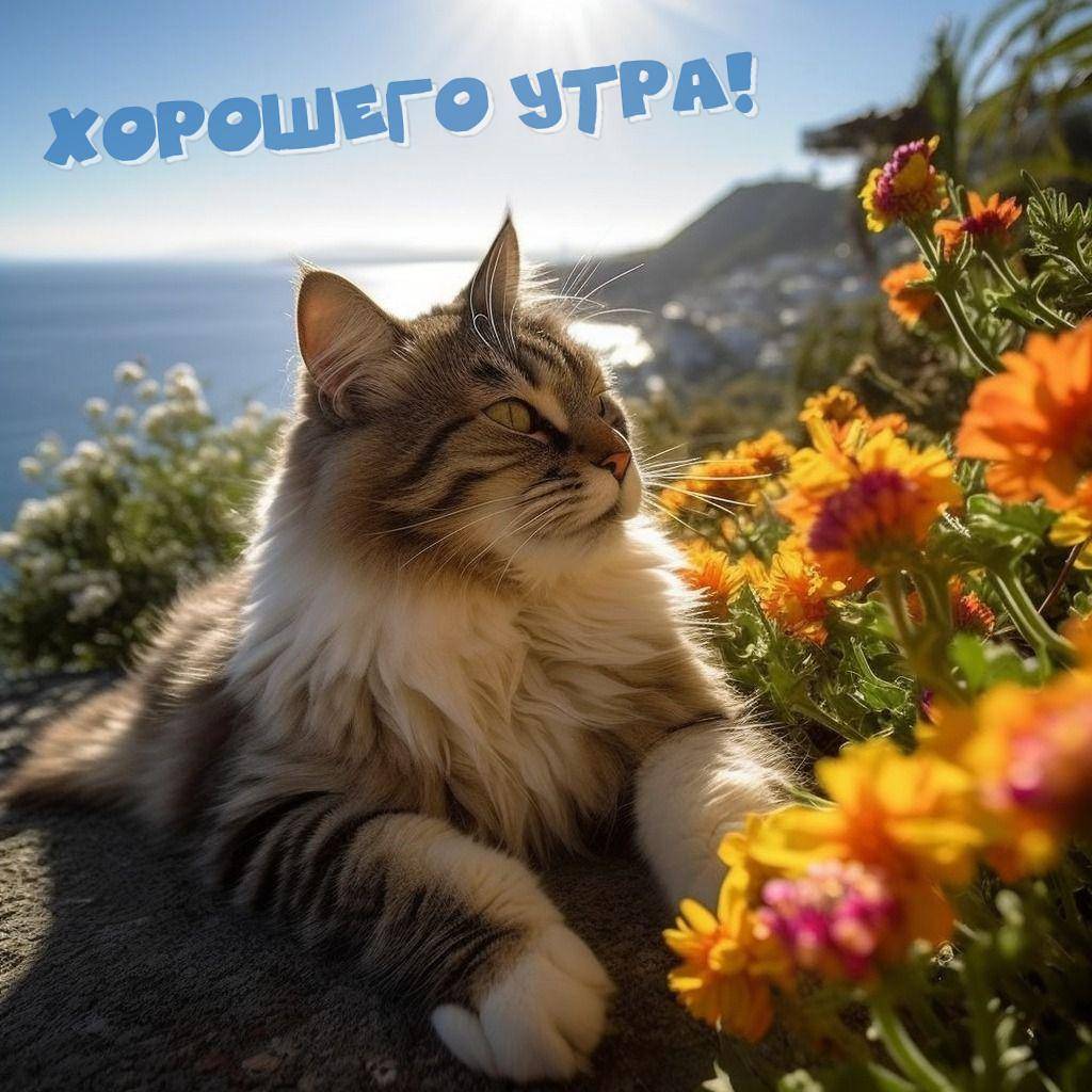 Кот среди цветов на фоне моря