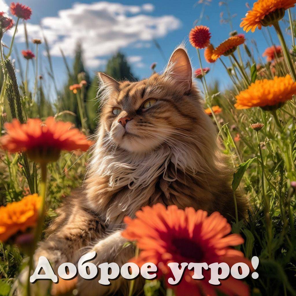 Кот среди цветов на фоне неба