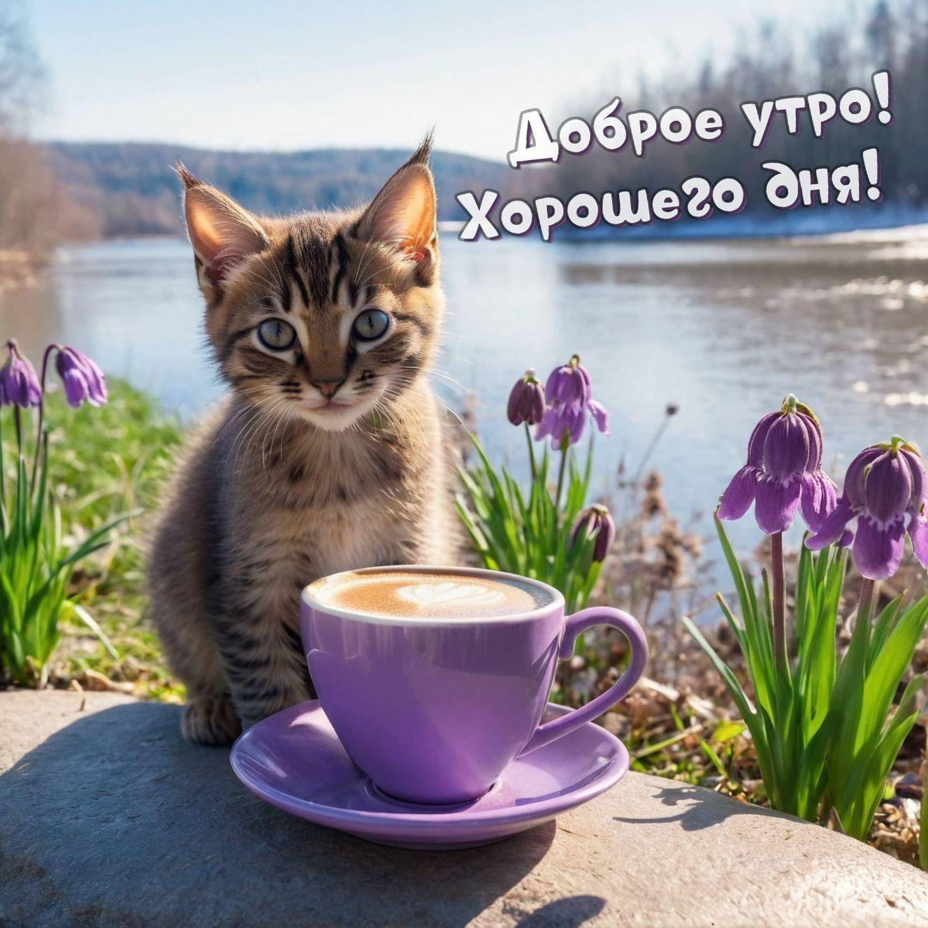 Котенок рядом с чашкой кофе на фоне реки и цветов