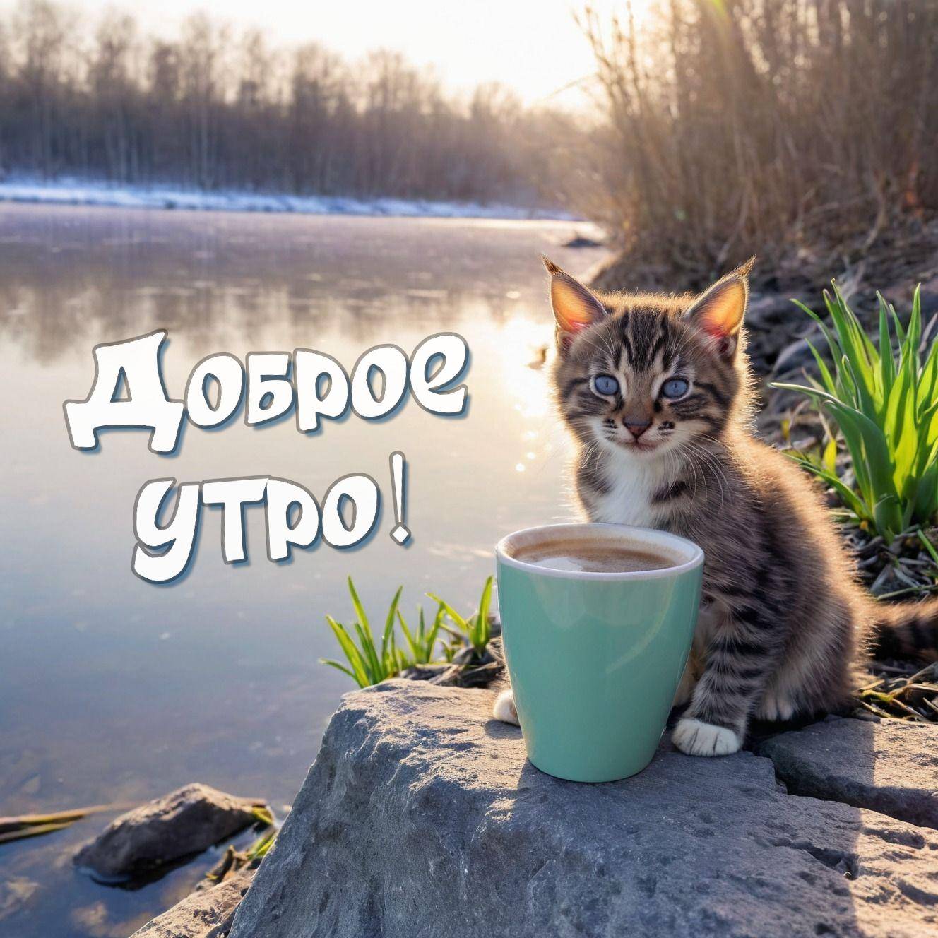 Котенок рядом с кружкой на фоне воды и растений