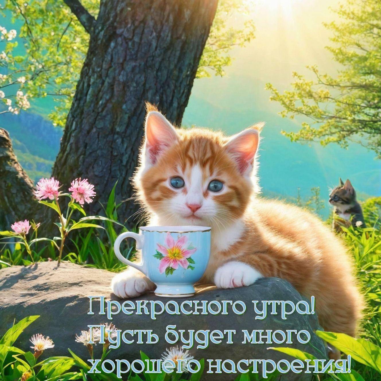 Котенок с чашкой утром в лесу