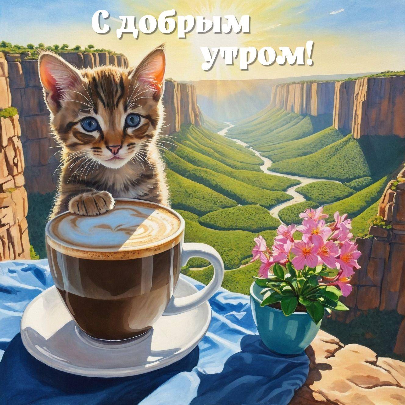 Котенок смотрит из чашки кофе на фоне каньона