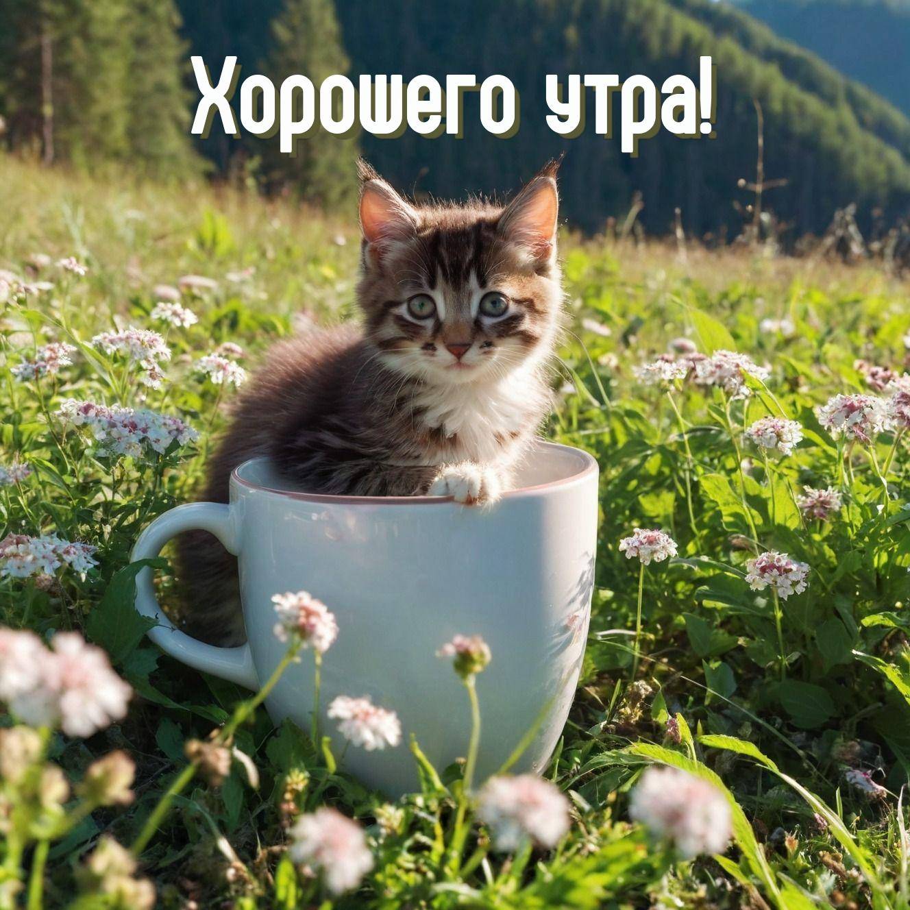 Котенок в чашке на фоне цветов и гор