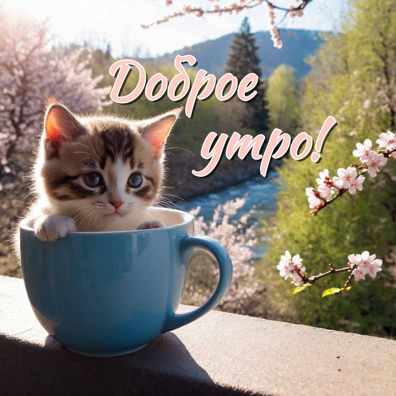 Котенок в голубой чашке на фоне природы