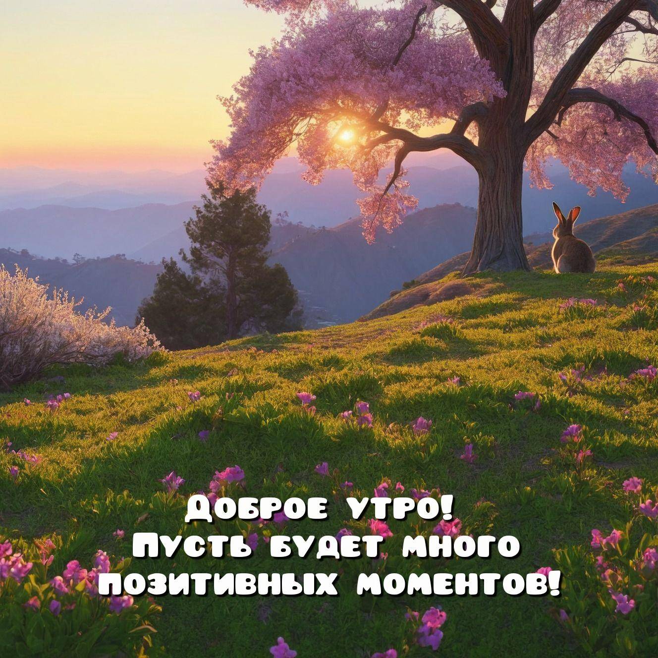 Кролик на траве среди розовых цветов, большое дерево, рассвет