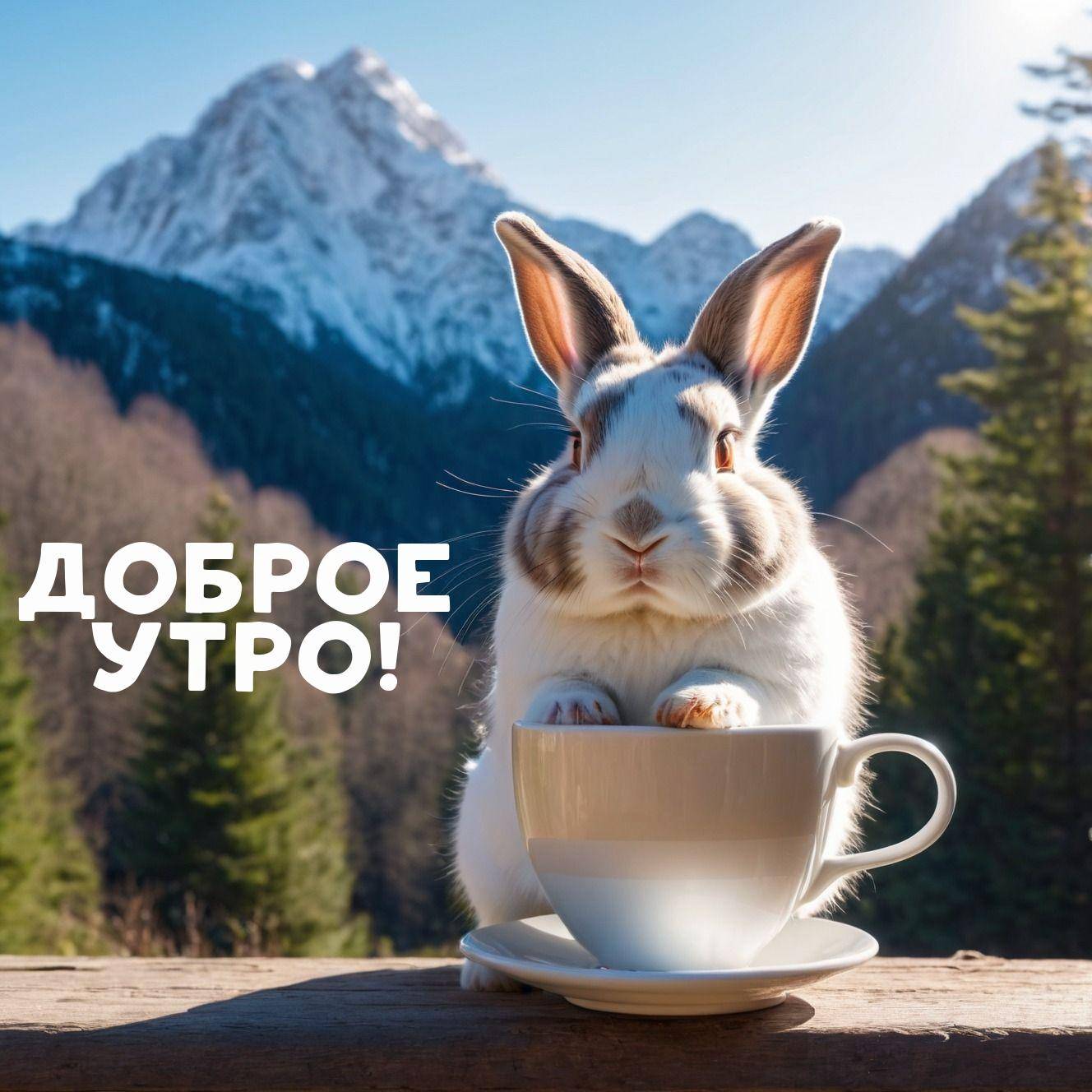Кролик сидит в чашке на фоне гор и леса