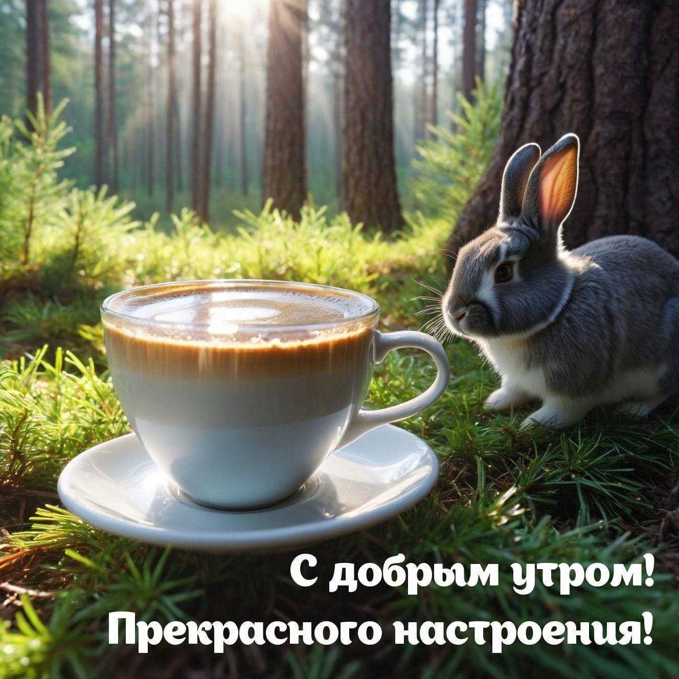 Кружка кофе рядом с кроликом в лесу утром