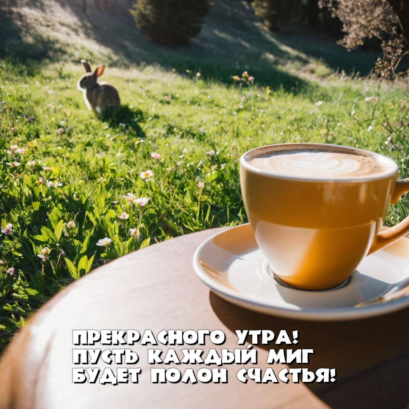 Кружка с кофе и зайчик на траве