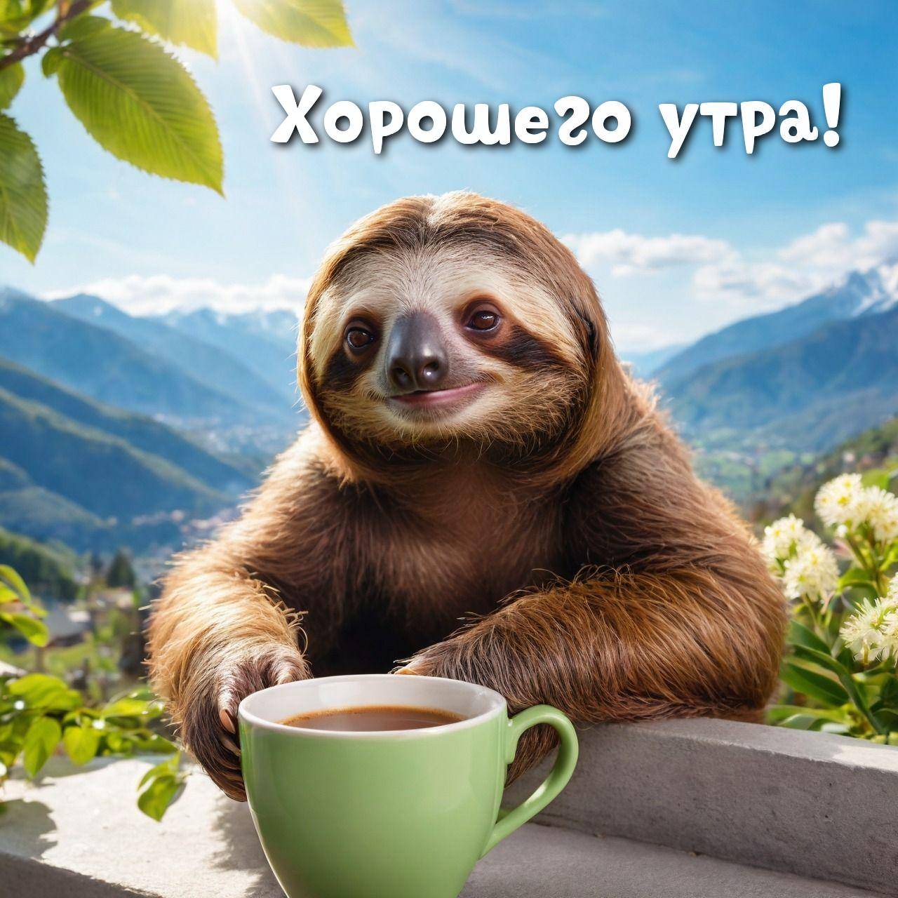 Ленивец с кофе на фоне горного пейзажа