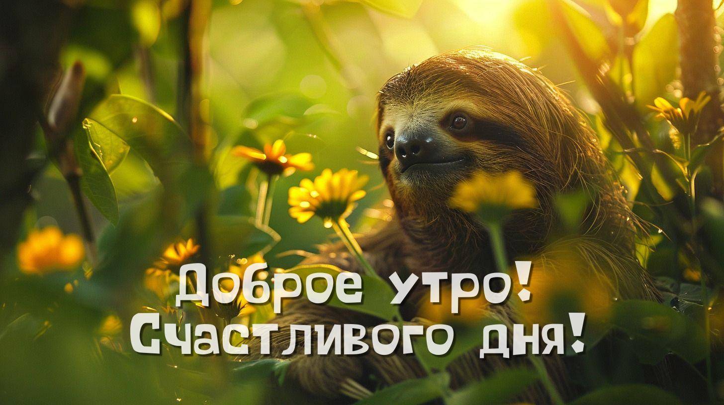 Ленивец среди зеленых листьев и желтых цветов