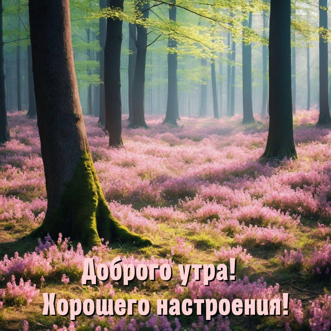 Лес с розовыми цветами и зелёными деревьями