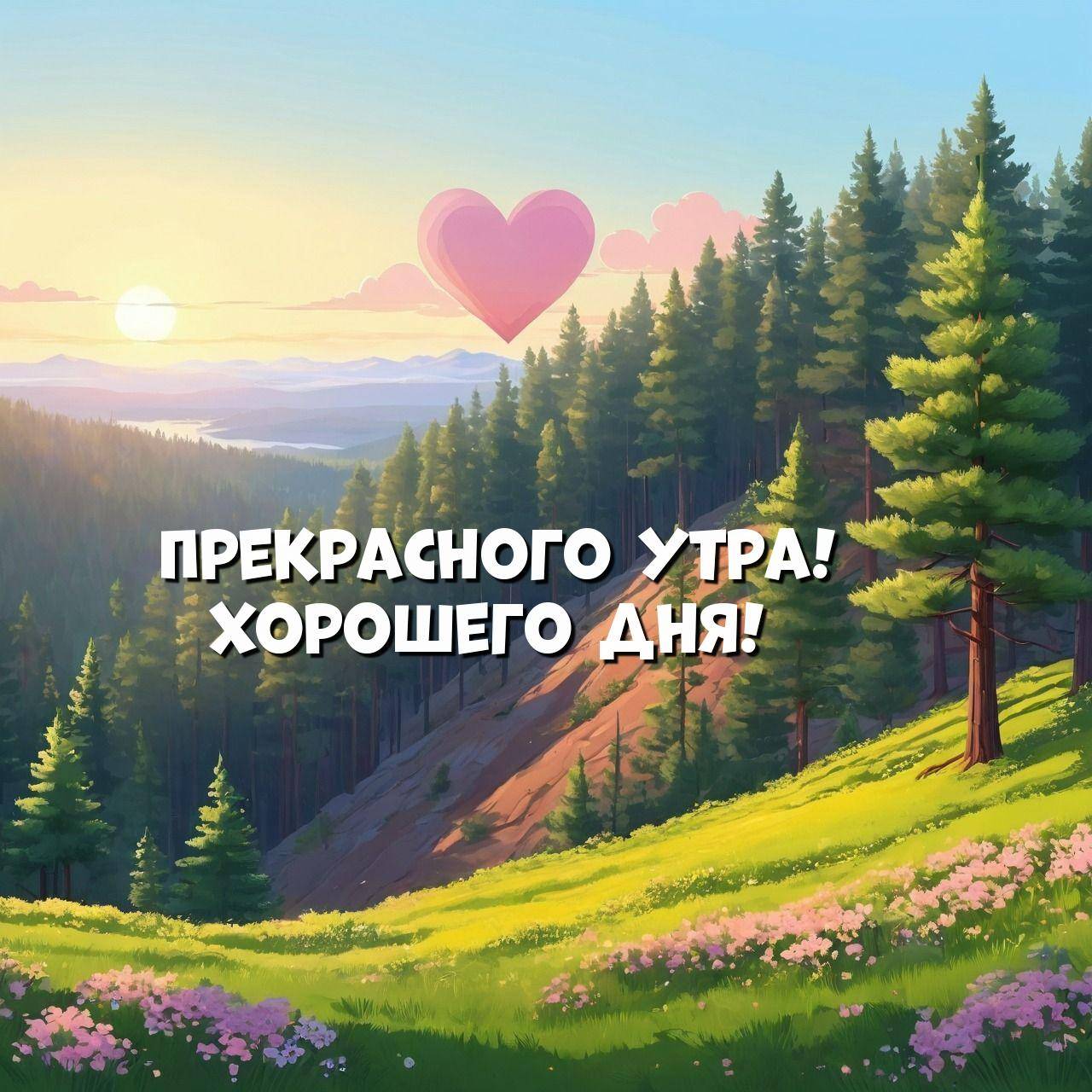 Лесной пейзаж с сердцем-воздушным шаром на рассвете