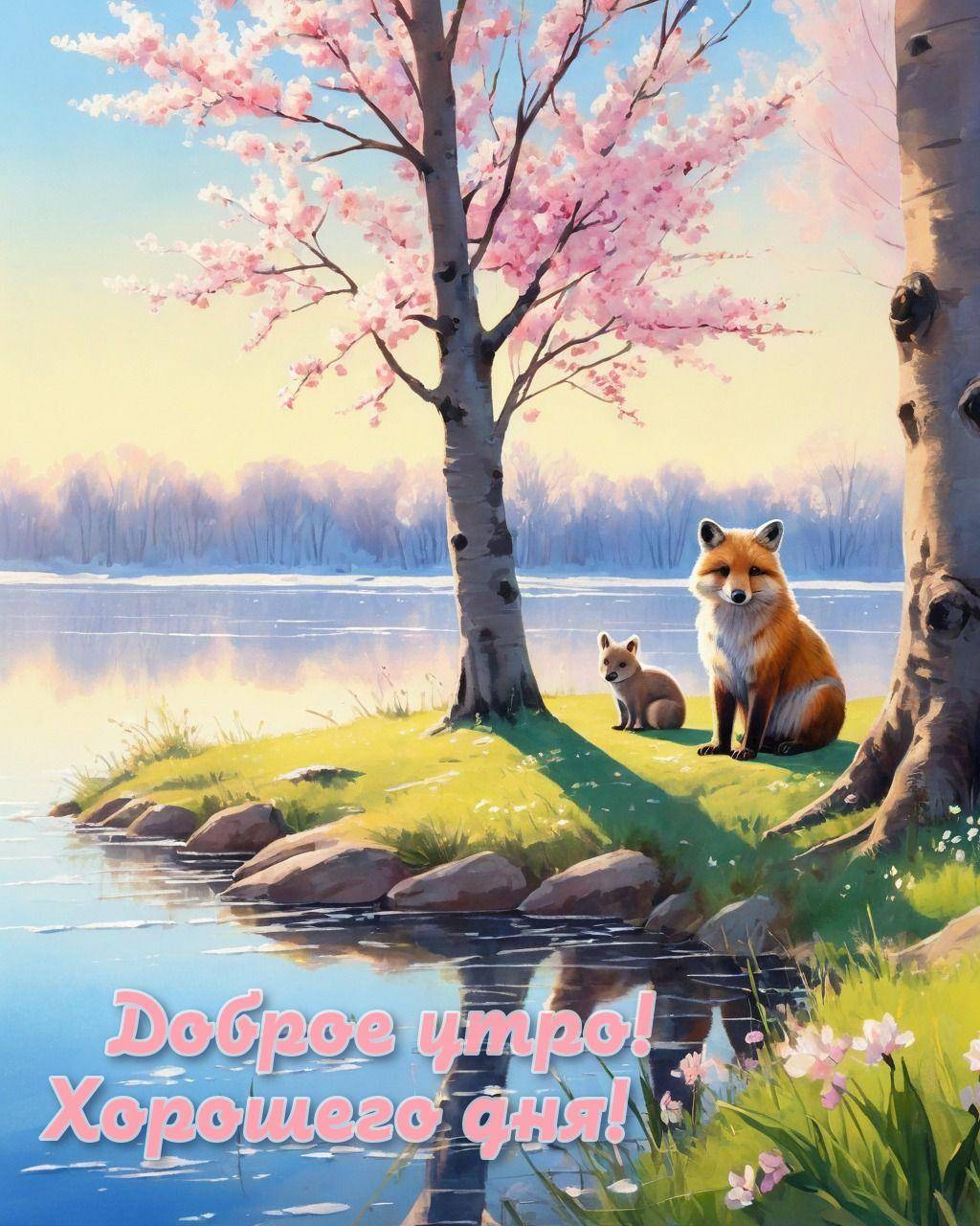 Лиса и белка у воды, цветущие деревья