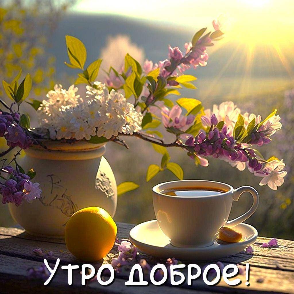 Лучи солнца на лепестках, чай и лимон на столе