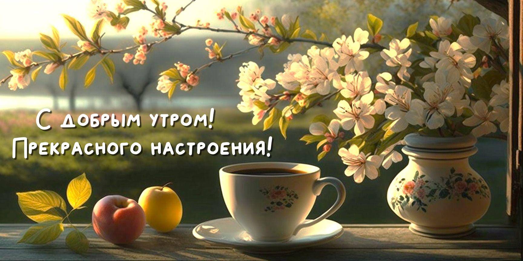 Лучи солнца на цветущей ветке и чашка чая