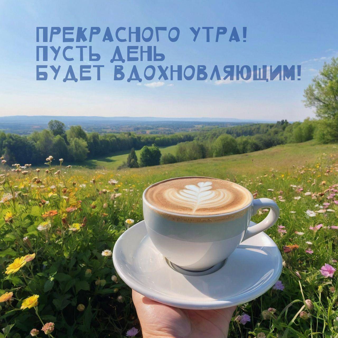 Лучи утреннего солнца над бескрайними полями и чашка кофе