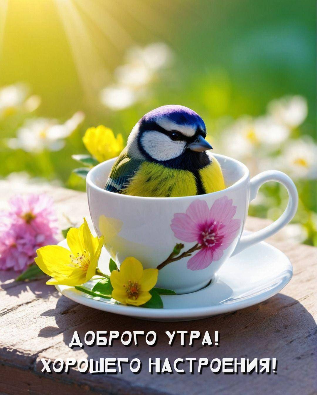 Маленькая птица в чашке с цветочным узором среди ярких цветов