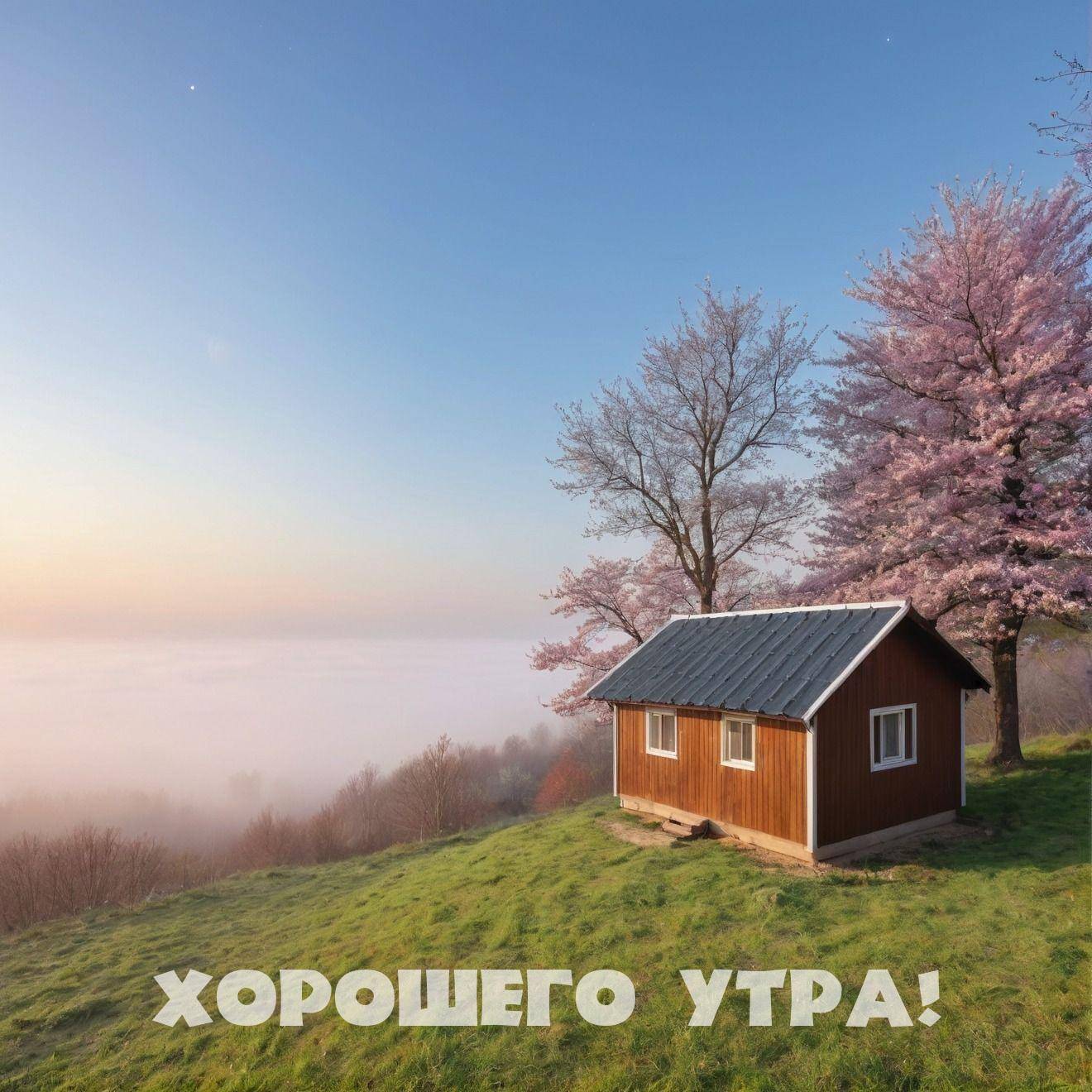 Маленький домик на зеленом холме с цветущим деревом