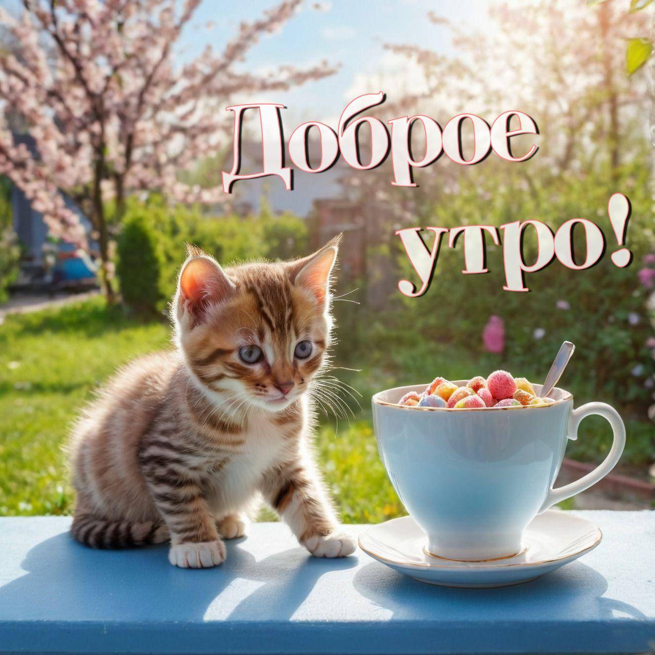 Маленький котенок рядом с чашкой на столе