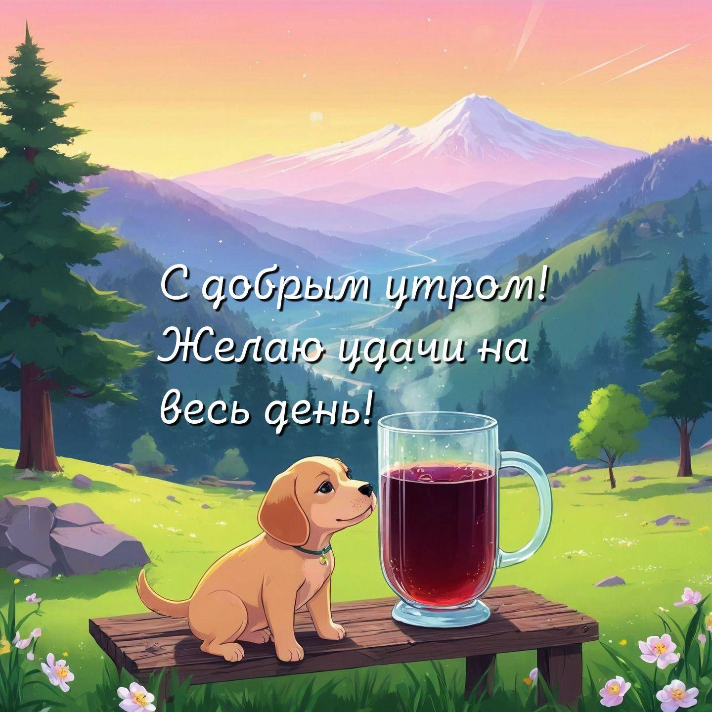 Маленький пёс рядом со столом в горах