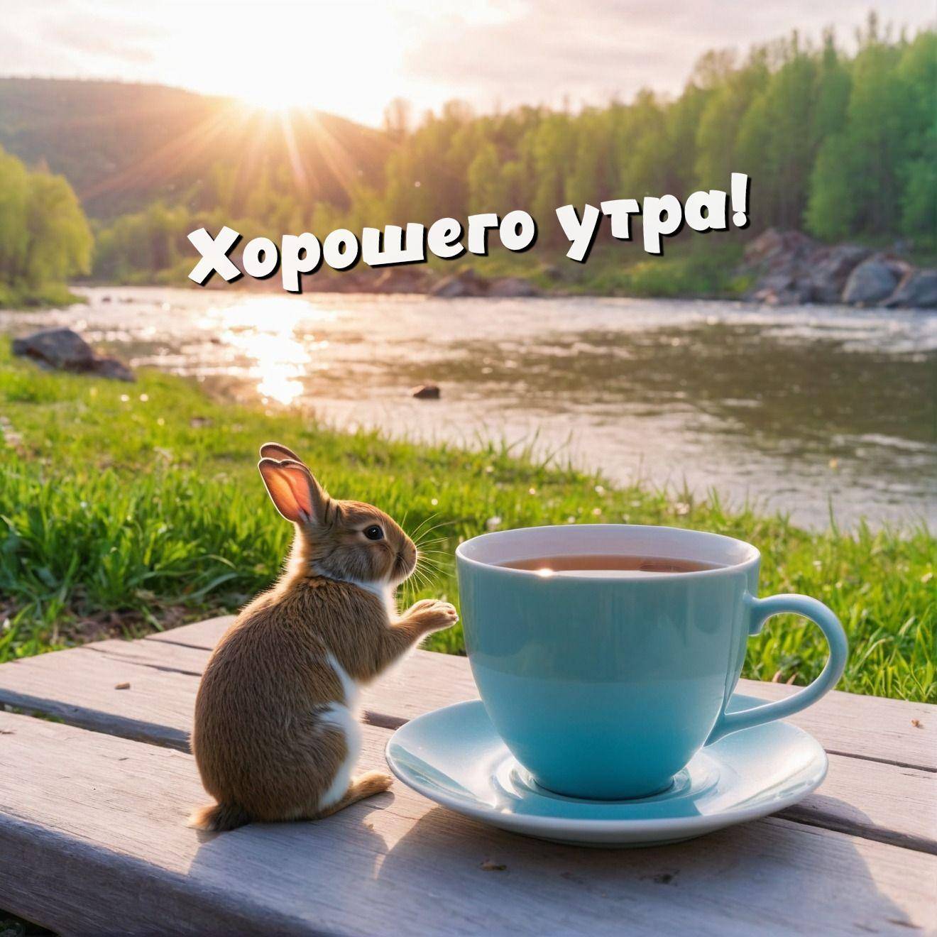 Маленький заяц рядом с чашкой чая на фоне реки