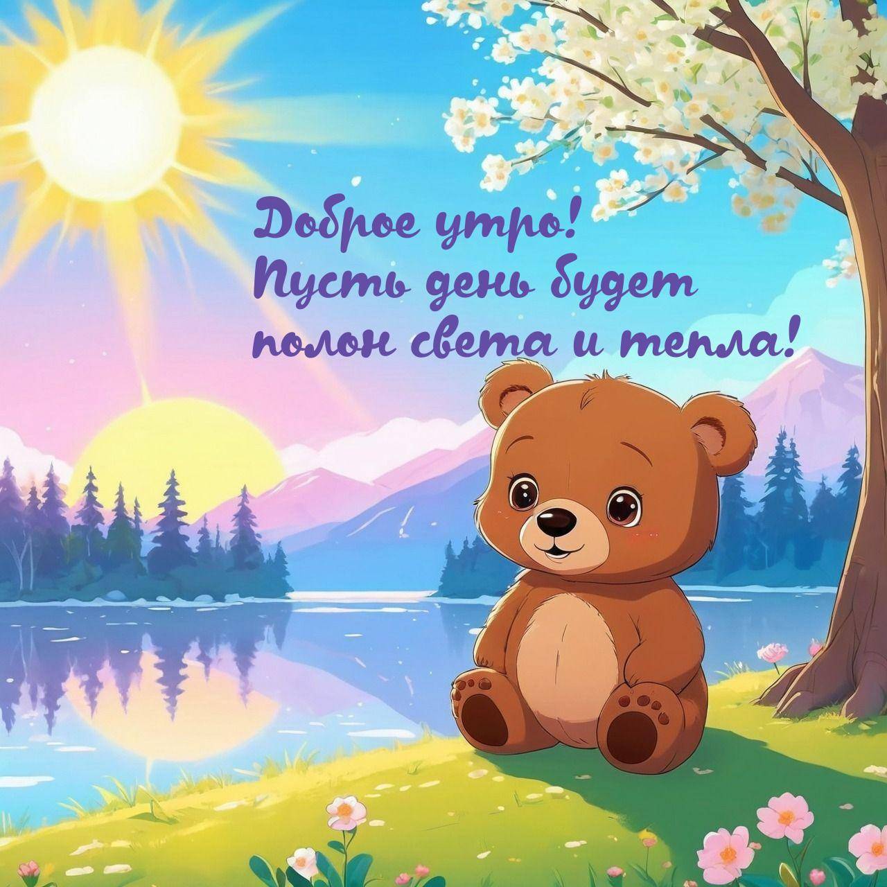 Милый медвежонок у озера с цветами