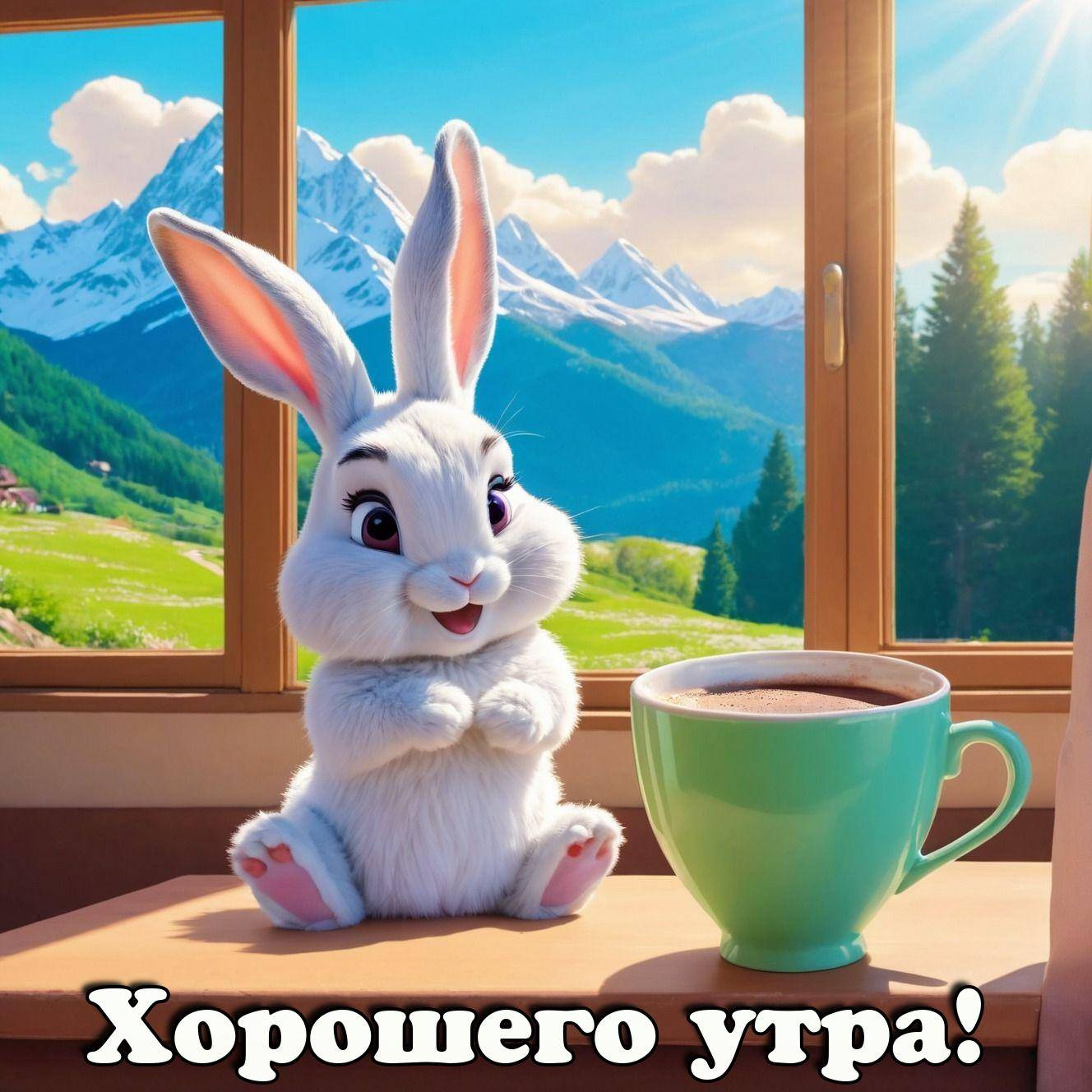 Мультяшный кролик на подоконнике с чашкой напитка