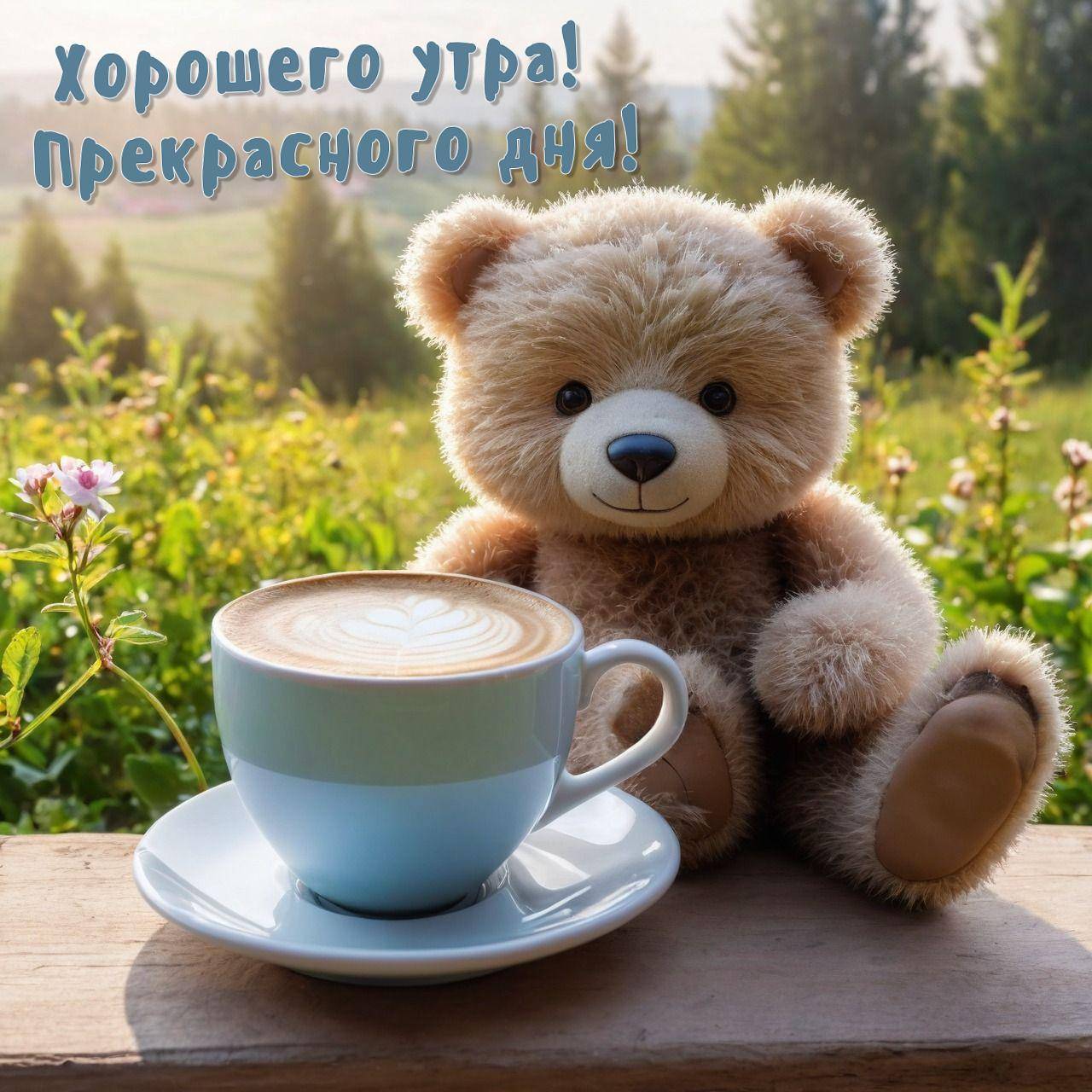 Мягкая игрушка медведь с чашкой кофе на столе