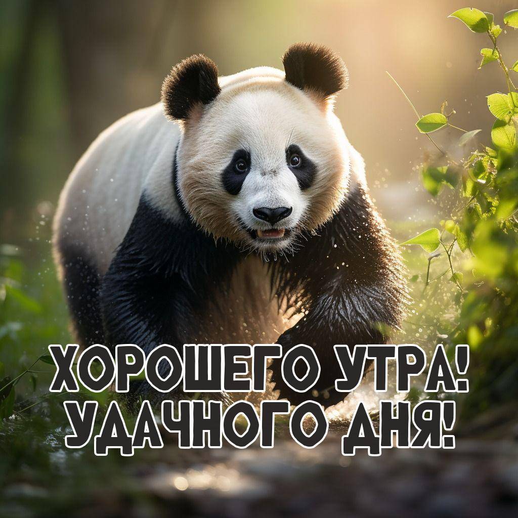 Панда идет по лесу среди зелени