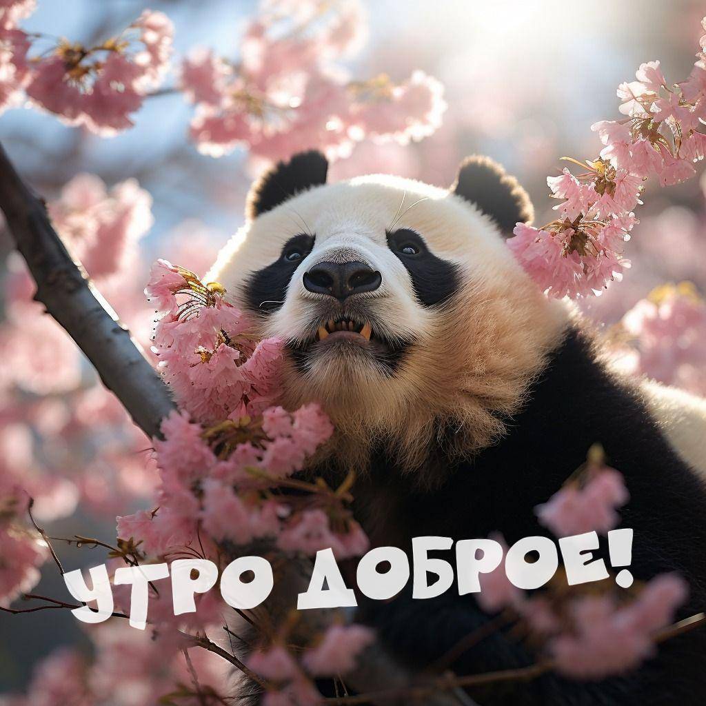 Панда среди розовых цветов