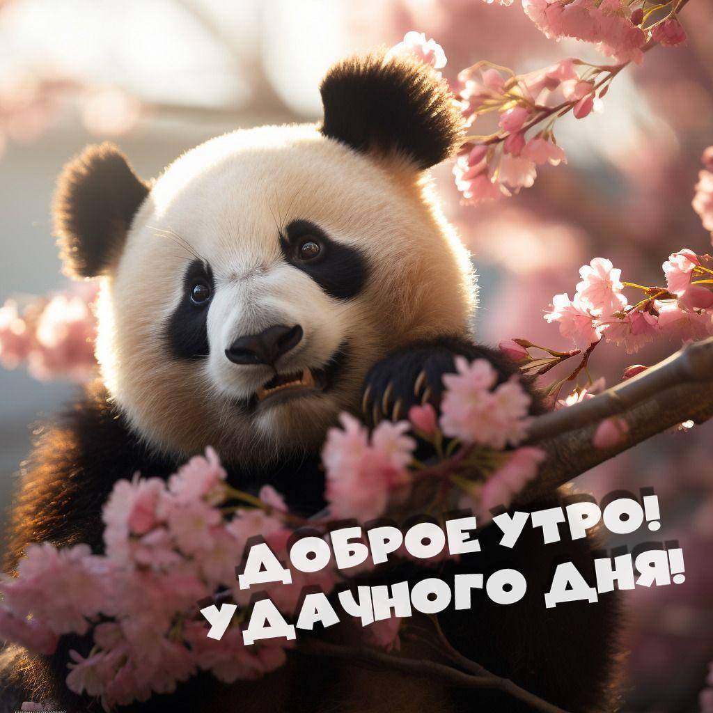 Панда среди цветущих веток сакуры