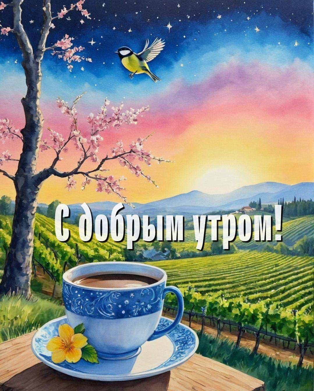 Пейзаж с чашкой кофе, цветущим деревом и птицей
