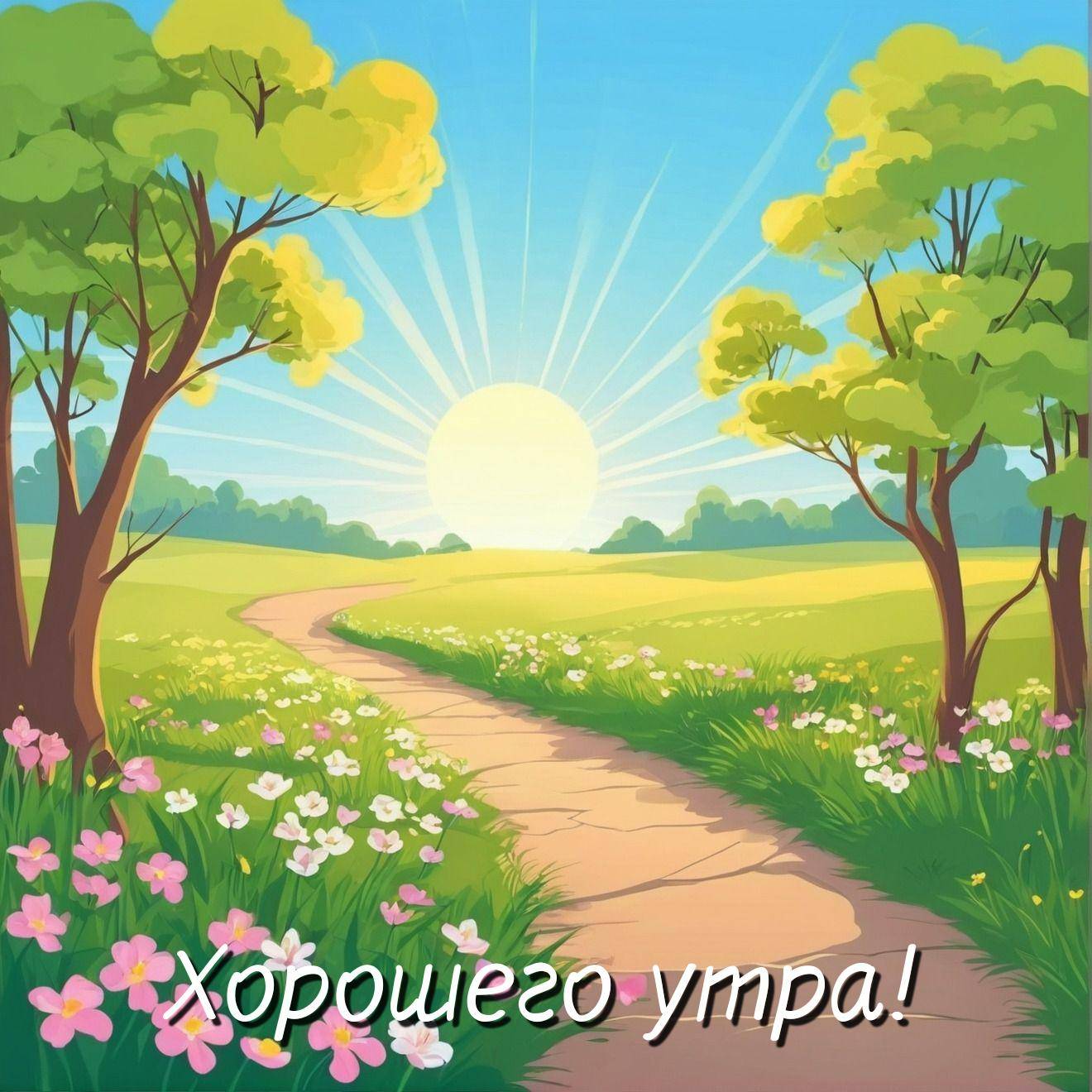 Пейзаж с тропинкой, зеленым полем и розовыми цветами