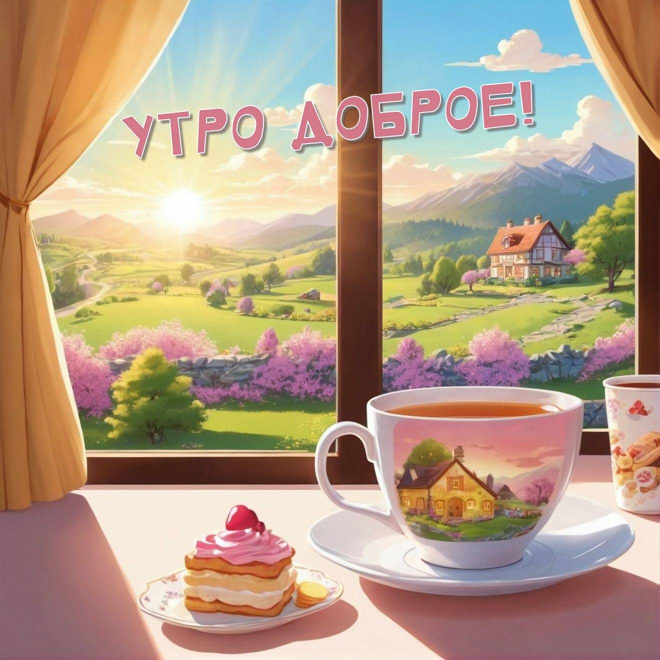 Первые лучи солнца на чашке с домиком
