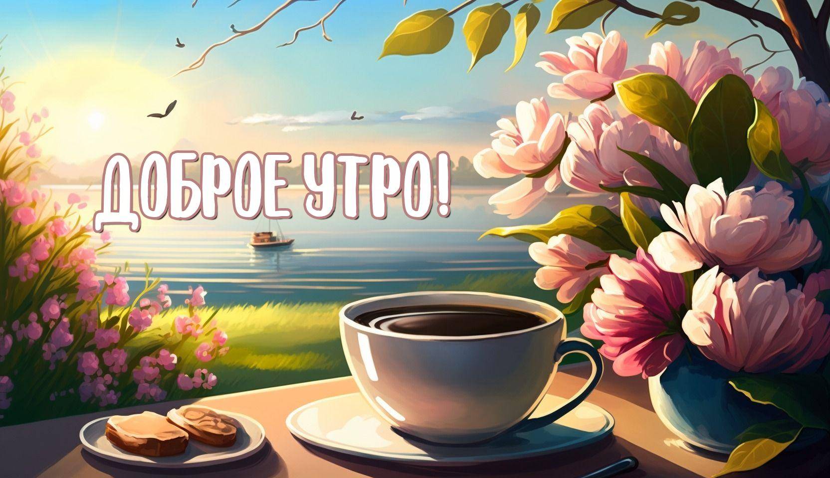 Первые лучи солнца на воде и утренний кофе