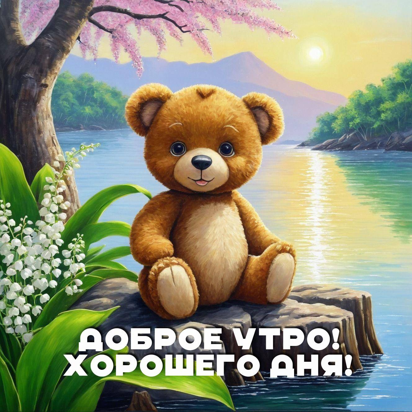 Плюшевый медведь на камне у реки, цветы, деревья