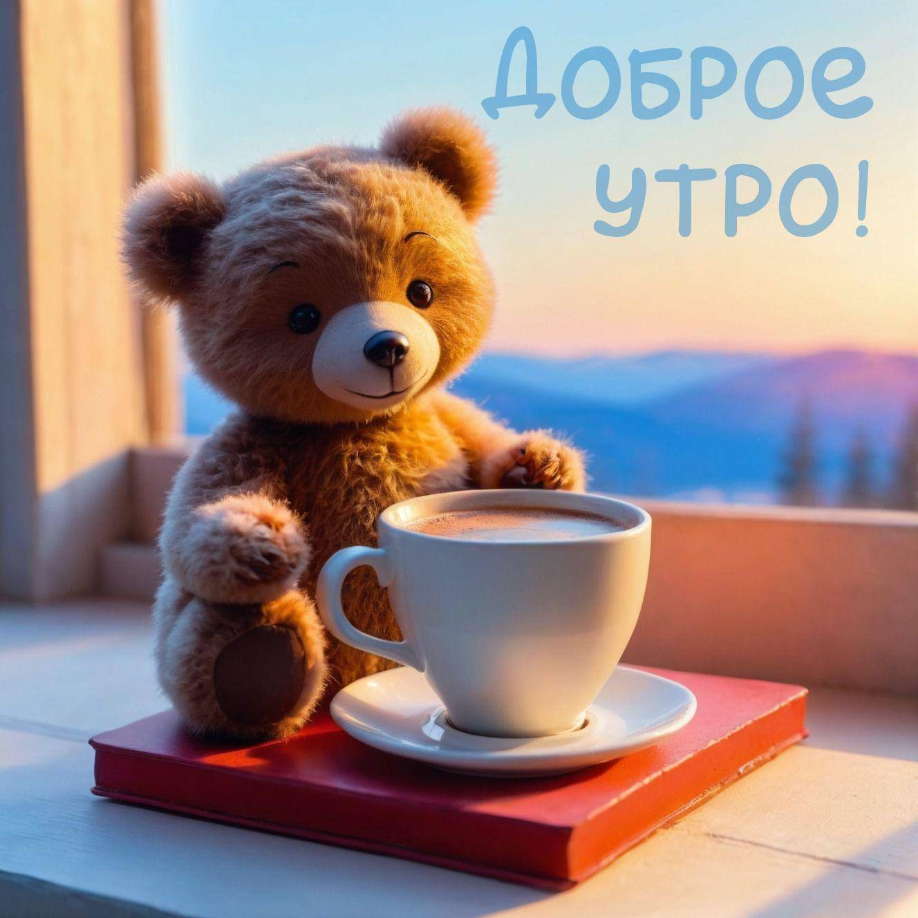 Плюшевый медведь с чашкой кофе на подоконнике