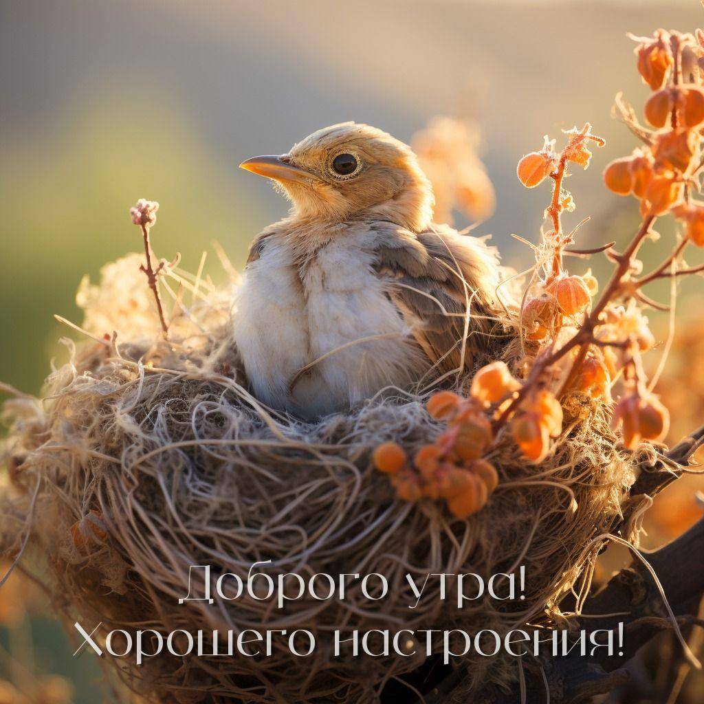 Птенец в гнезде среди ягод