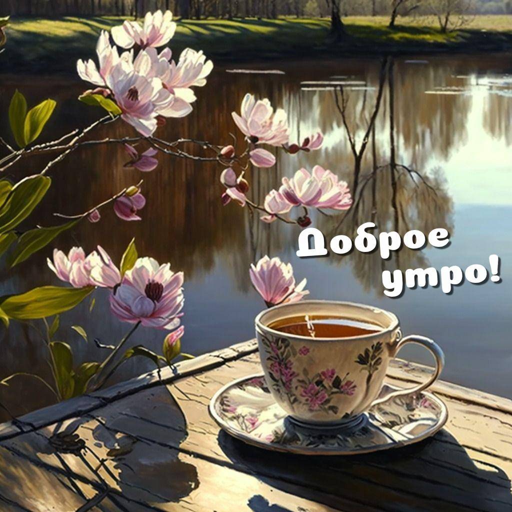 Раннее утро, чай на столе у реки