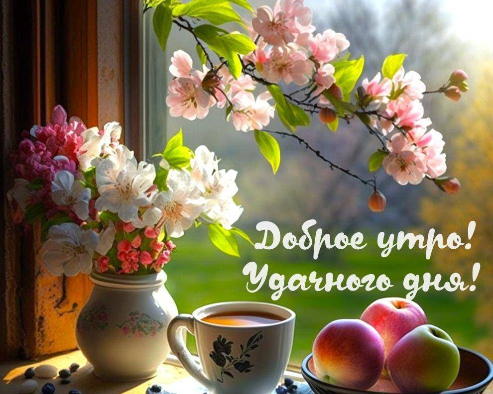 Раннее утро с букетом сакуры и чашкой чая
