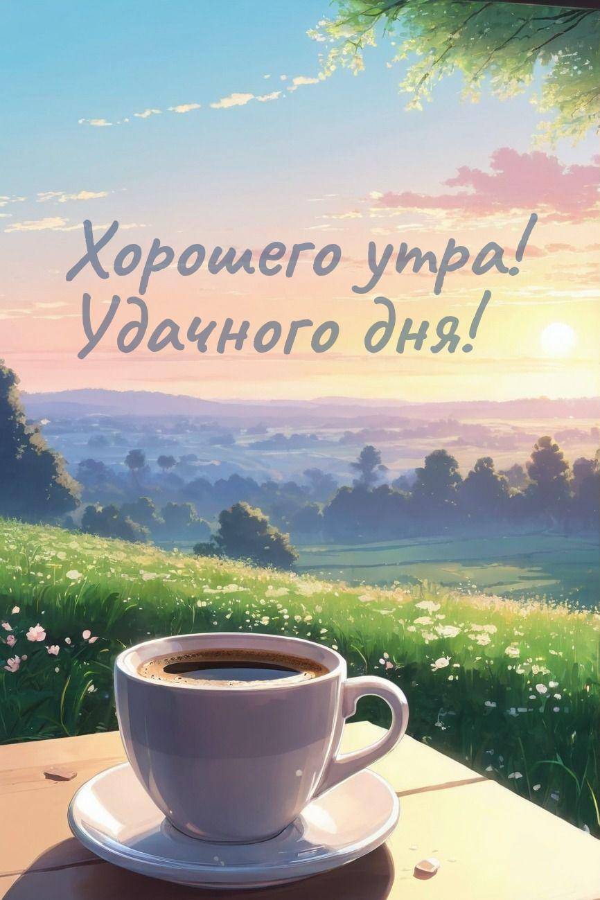 Рассвет над холмами с чашкой кофе на переднем плане