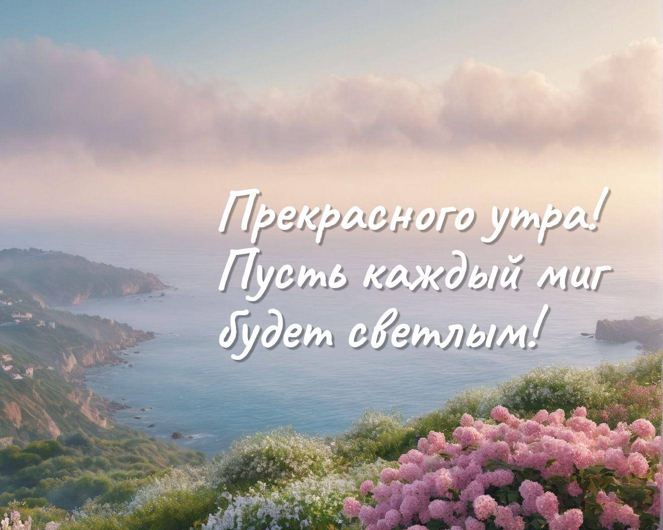 Рассвет над морем, цветущие кусты, туман